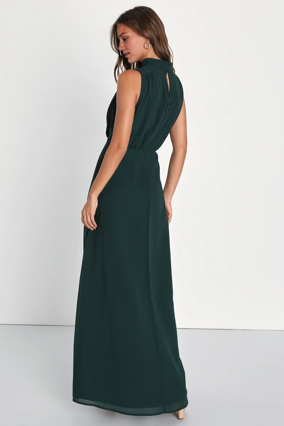 Weitese Formal Women's Dresses Classic Elegance Emerald Chiffon Sleeveless Half Hight Neck Maxi Dress Prom Dress Stores